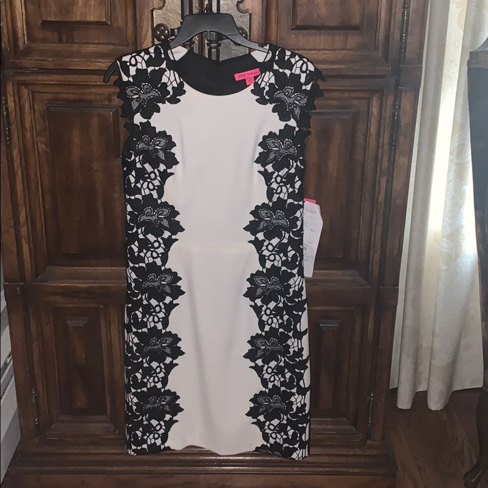 Betsy Johnson white with black lace dress.